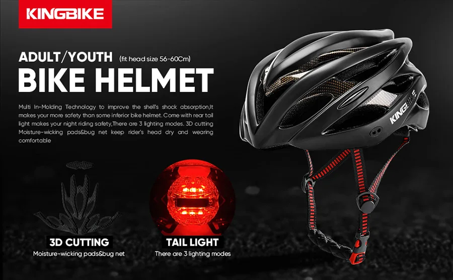 KINGBIKE Cycling Helmet with light MTB Mountain road bike helmets ultralight men woman bicycle helmet with visor Matte black