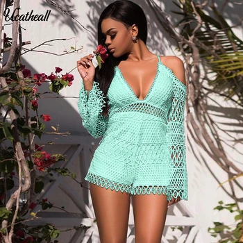 

Hollow Out Lace Crochet Jumpsuit Women Sexy V Neck Short Sleeve Summer Shorts Romper Beach Playsuit Backless Wide Bodysuits