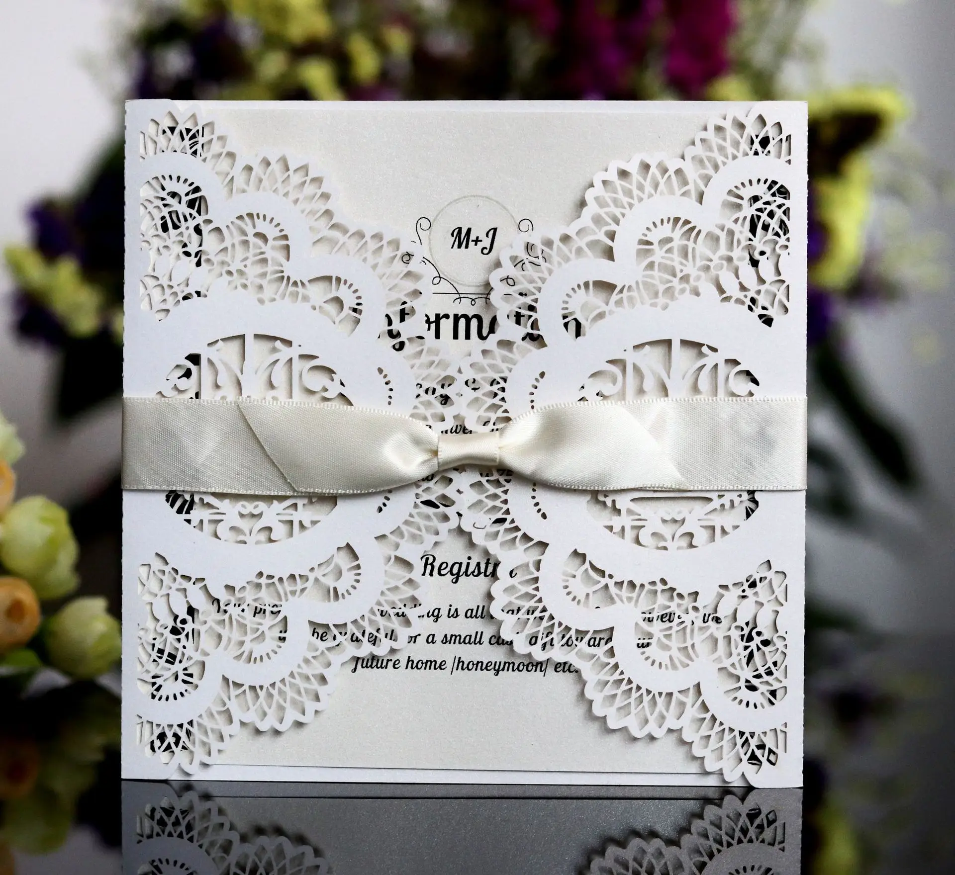 laser cut wedding invitations card paper with ribbon envelopes