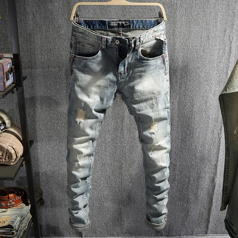 Italian Style Fashion Men Jeans Light Blue Patchwork Ripped Jeans Men Vintage Designer Cotton Pants Elastic Hip Hop Jeans Homme
Italian Style Fashion Men Jeans Light Blue Patchwork Ripped Jeans Men Vintage Designer Cotton Pants Elastic Hip Hop Jeans Homme