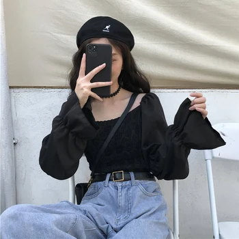 2020 New Chiffon Stitching Slim Slimming Short Long-Sleeved Shirt Women's Student Square Collar Shirt Womens Tops and Blouses 
2020 New Chiffon Stitching Slim Slimming Short Long-Sleeved Shirt Women's Student Square Collar Shirt Womens Tops and Blouses