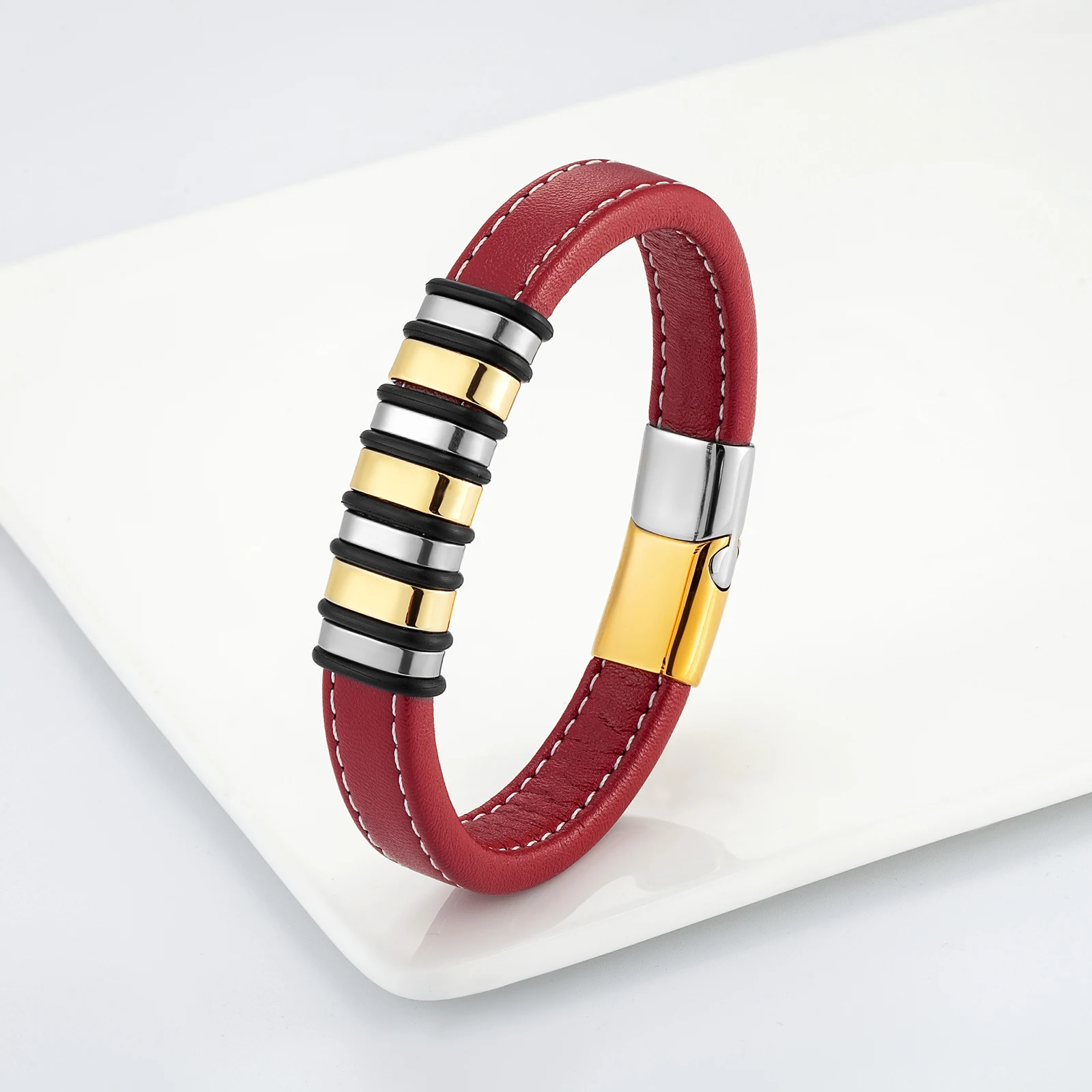 2021 New Unisex And Simple Style 7-Ring Stainless Steel For Men And Women Couple Bracelet Red Wide Leather Rope Charm Bracelet
2021 New Unisex And Simple Style 7-Ring Stainless Steel For Men And Women Couple Bracelet Red Wide Leather Rope Charm Bracelet