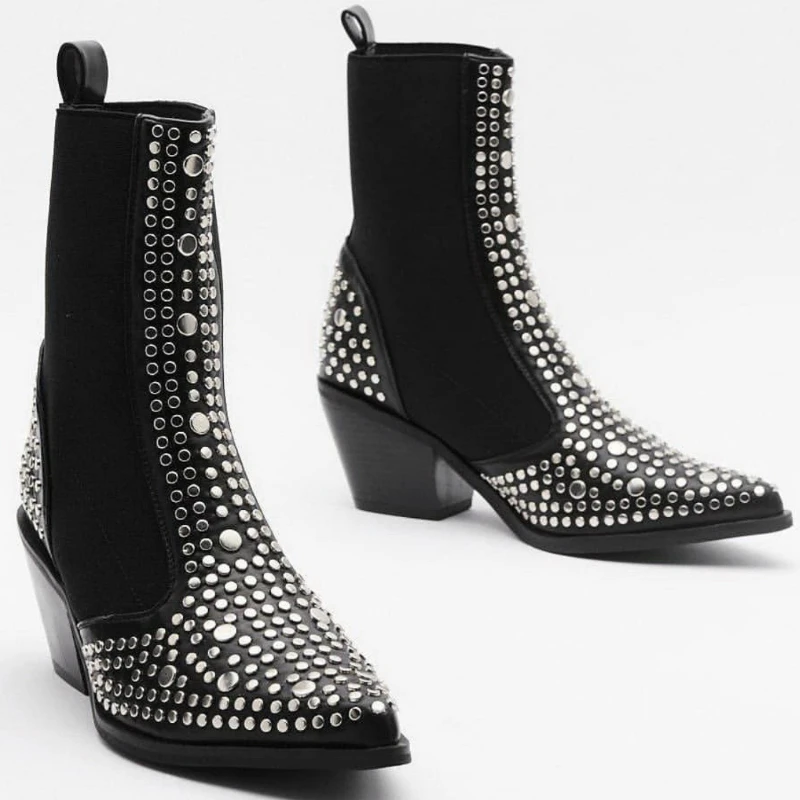 Punk Designer Women Ankle Boots Slip on Rivet Pointed Toe Studded Embellished Western Boots Black Cool Girls Shoes Ladies 2020
Punk Designer Women Ankle Boots Slip on Rivet Pointed Toe Studded Embellished Western Boots Black Cool Girls Shoes Ladies 2020