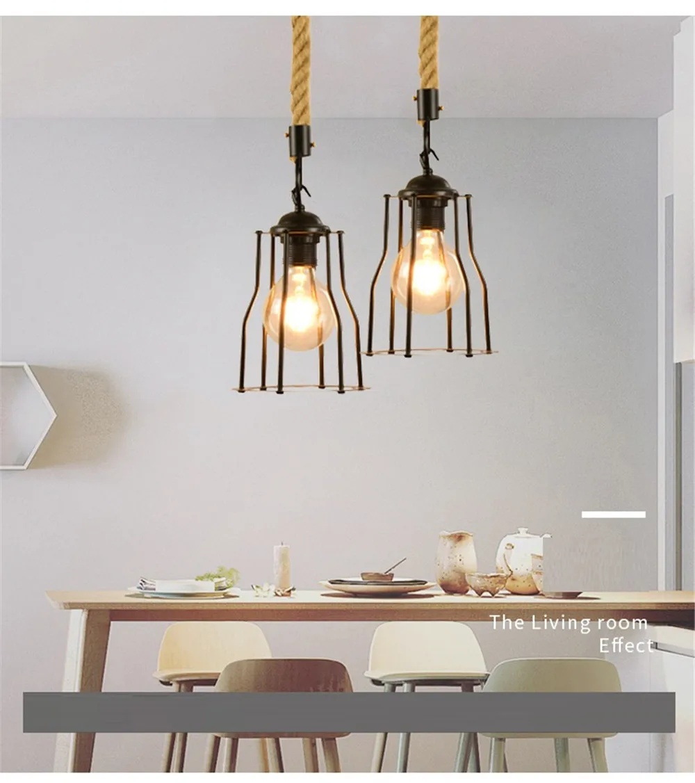 Industrial Vintage Hemp Rope Pendant Lamp Loft Decor Edison LED Hanging Light Iron Retro Dining Room Home Lighting Fixtures (8)