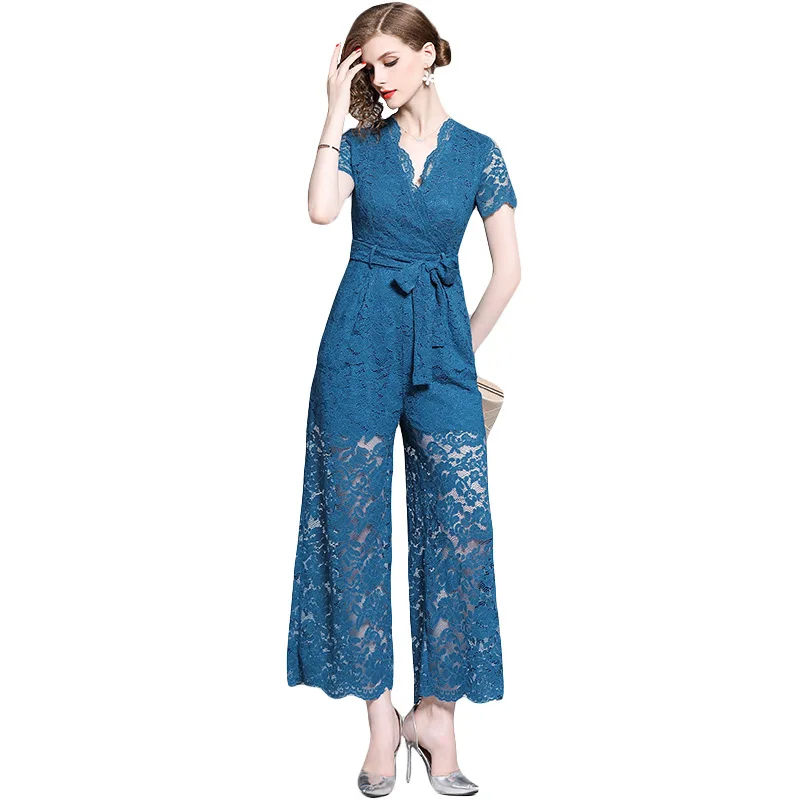 JINGRUI New Blue Lace Summer Women Jumpsuits Office Lady Straight Style V-Neck High Waist with Sashes
JINGRUI New Blue Lace Summer Women Jumpsuits Office Lady Straight Style V-Neck High Waist with Sashes