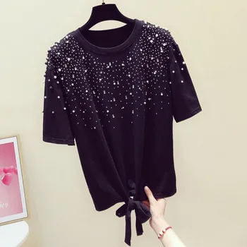 Black Tshirt Woman 2020 Summer Wear New Industrial Beads Diamond Hem Tie Knot Short-sleeved Round Collar T-shirt Ladies Tops T
Black Tshirt Woman 2020 Summer Wear New Industrial Beads Diamond Hem Tie Knot Short-sleeved Round Collar T-shirt Ladies Tops T