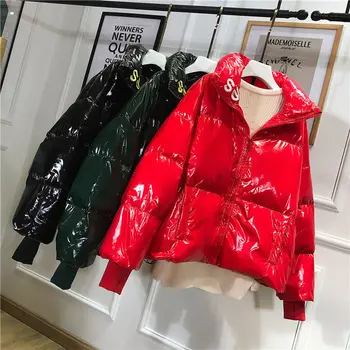 Jacket Cropped Parka Bubble Coat Winter Women New Fashion Clothing Patent Leather Bright Leather Letter Embroidery Thick Coat 
Jacket Cropped Parka Bubble Coat Winter Women New Fashion Clothing Patent Leather Bright Leather Letter Embroidery Thick Coat