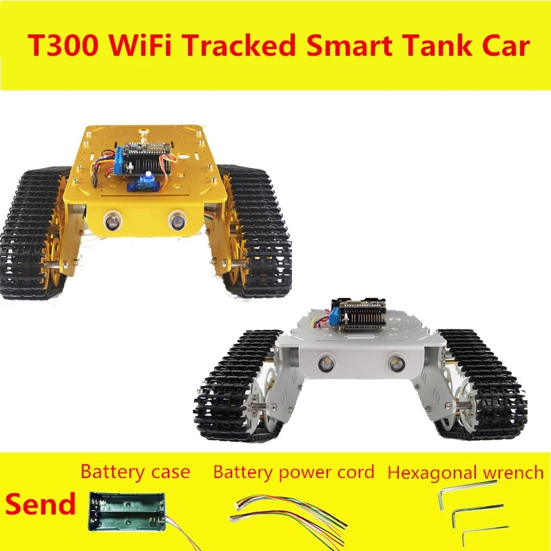 T300 Tracked Smart Car WiFi Remote Control Robot Tank Chassis Send Battery Box, Battery Power Cord, Hex Wrench and Led Lights
T300 Tracked Smart Car WiFi Remote Control Robot Tank Chassis Send Battery Box, Battery Power Cord, Hex Wrench and Led Lights