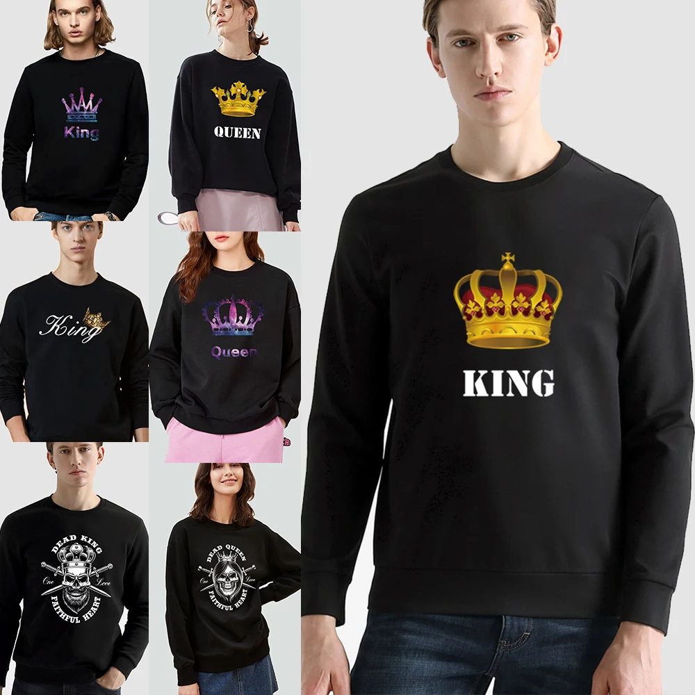 

Street Autumn Long-sleeved Sweater Men's Casual Slim Pullover Queen King Pattern Print Series Commuter Black Round Neck Hoodie