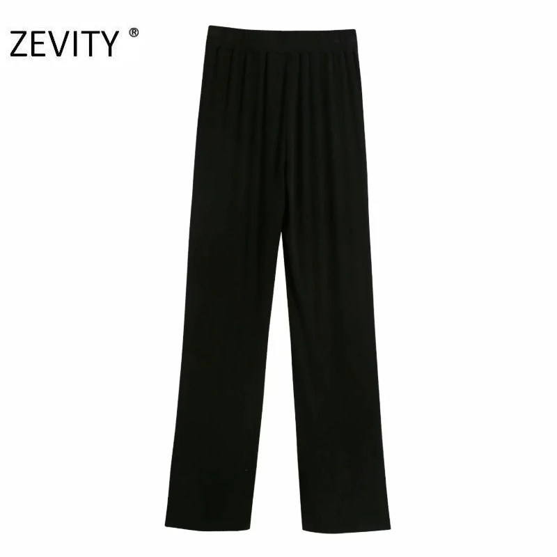 ZEVITY New Women fashion solid color pleats knitting straight pants female elastic waist slim Trousers chic hem split pants P936