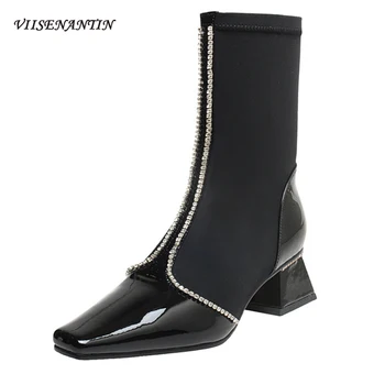Slip-on Leather Square Toe Thick Heel Rhinestone Bling Elastic Short Boots Stretch Fabric Cystal Black Designer Shoes for Women
Slip-on Leather Square Toe Thick Heel Rhinestone Bling Elastic Short Boots Stretch Fabric Cystal Black Designer Shoes for Women