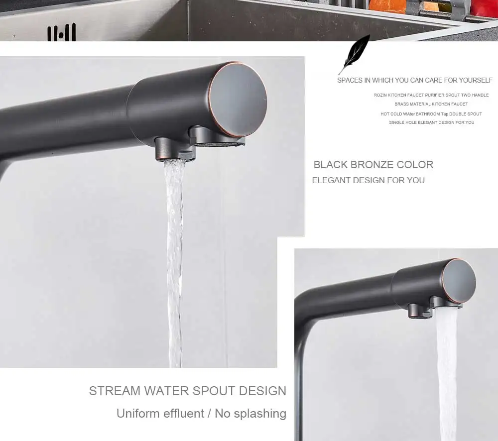 Chrome Purified Water Kitchen Faucet Pure Water Filter Deck Mounted Faucet Crane Dual Handles Hot Cold Water Mixer Taps