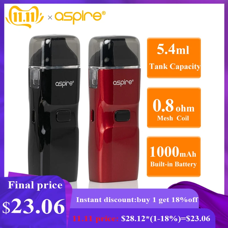 

Aspire Breeze NXT Vape Kit 5.4ml Capacity Pod Tank Atomizer 0.8ohm Mesh Coil Built-in 1000mah battery Electronic Cigarette Kit