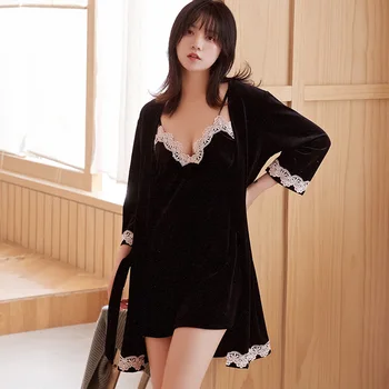 Autumn Winter Soft Kimono Robe Set Home Clothing Elegant Solid Black Sleep Suit Lingerie Women Homewear Sexy Novelty Sleepwear 
Autumn Winter Soft Kimono Robe Set Home Clothing Elegant Solid Black Sleep Suit Lingerie Women Homewear Sexy Novelty Sleepwear