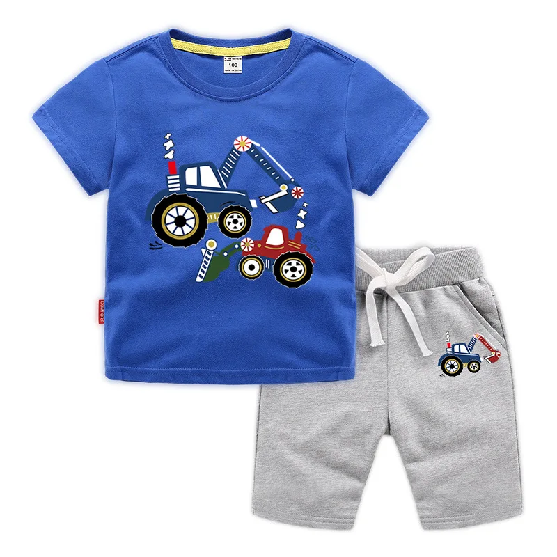 

Summer Children's Clothes For Boy Cartoon excavator T Shirt+Pants Kids Short Sleeve Clothing Set Teens Sport Tracksuit