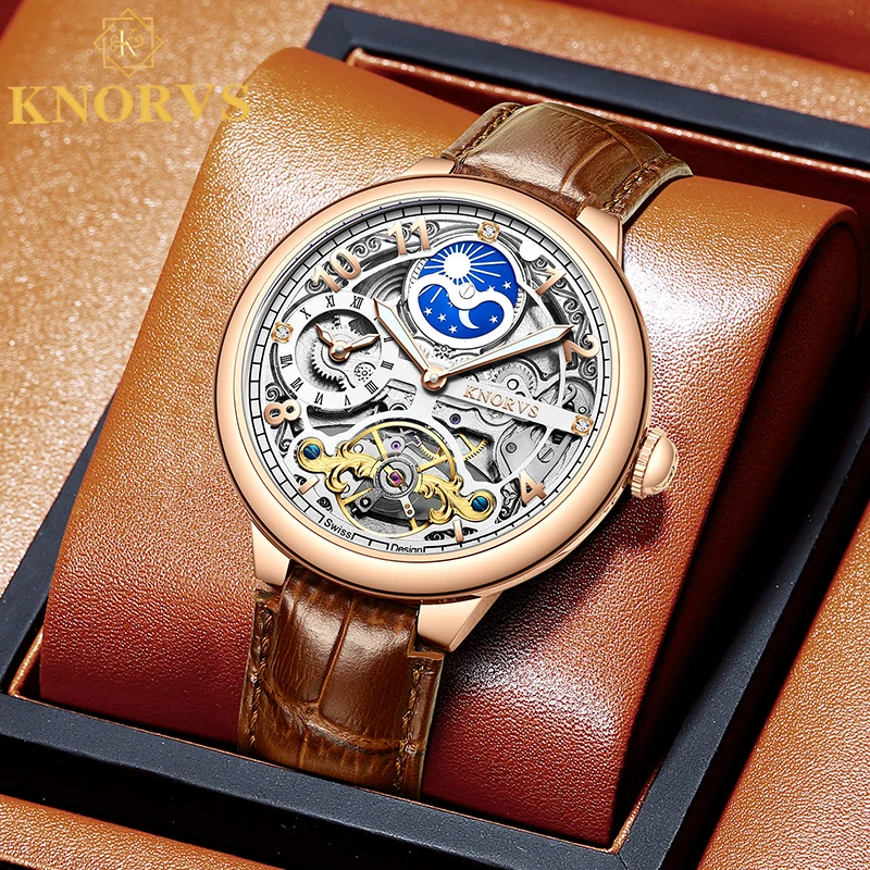 KNORVS Classic Mens Watches Automatic Mechanical Watch Tourbillon Clock Male Leather Waterproof Military Retro Moon Wristwatch
KNORVS Classic Mens Watches Automatic Mechanical Watch Tourbillon Clock Male Leather Waterproof Military Retro Moon Wristwatch
