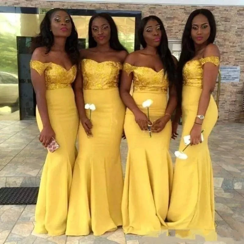 2020 New African Yellow Mermaid Bridesmaid Dresses Off Shoulder Sequined Satin Wedding Party Gowns Formal Gowns Maid Of Honor
2020 New African Yellow Mermaid Bridesmaid Dresses Off Shoulder Sequined Satin Wedding Party Gowns Formal Gowns Maid Of Honor