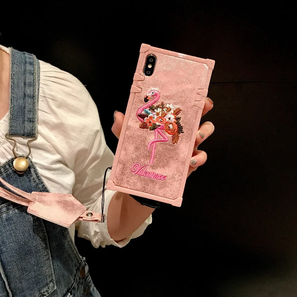 Cases For iPhone X Xs Max Xr Cover Girly 3D Pink Embroidery Flamingo Square (9)