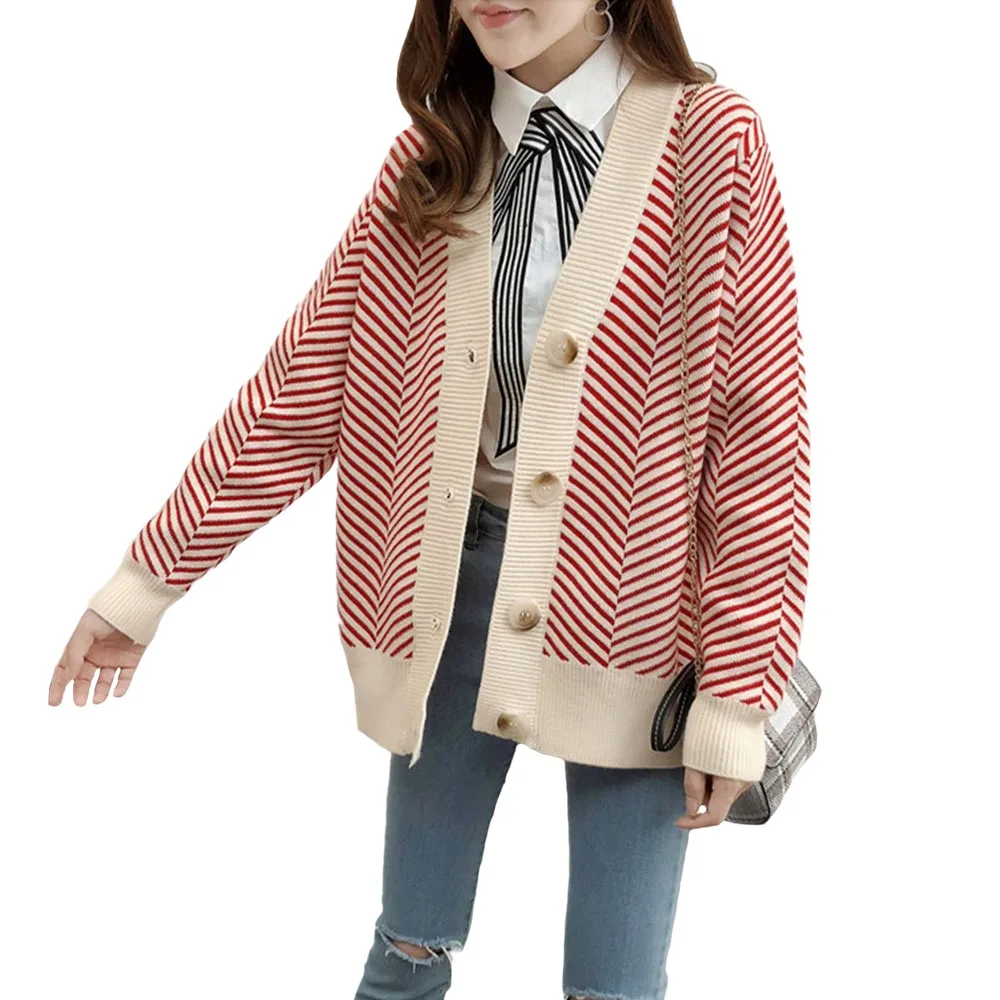 Autumn New Sweater Cardigan Single-Breasted Stripe V-neck Sweater Coat Winter Casual Loose Ladies Wild Cardigan Sweater Coat
Autumn New Sweater Cardigan Single-Breasted Stripe V-neck Sweater Coat Winter Casual Loose Ladies Wild Cardigan Sweater Coat