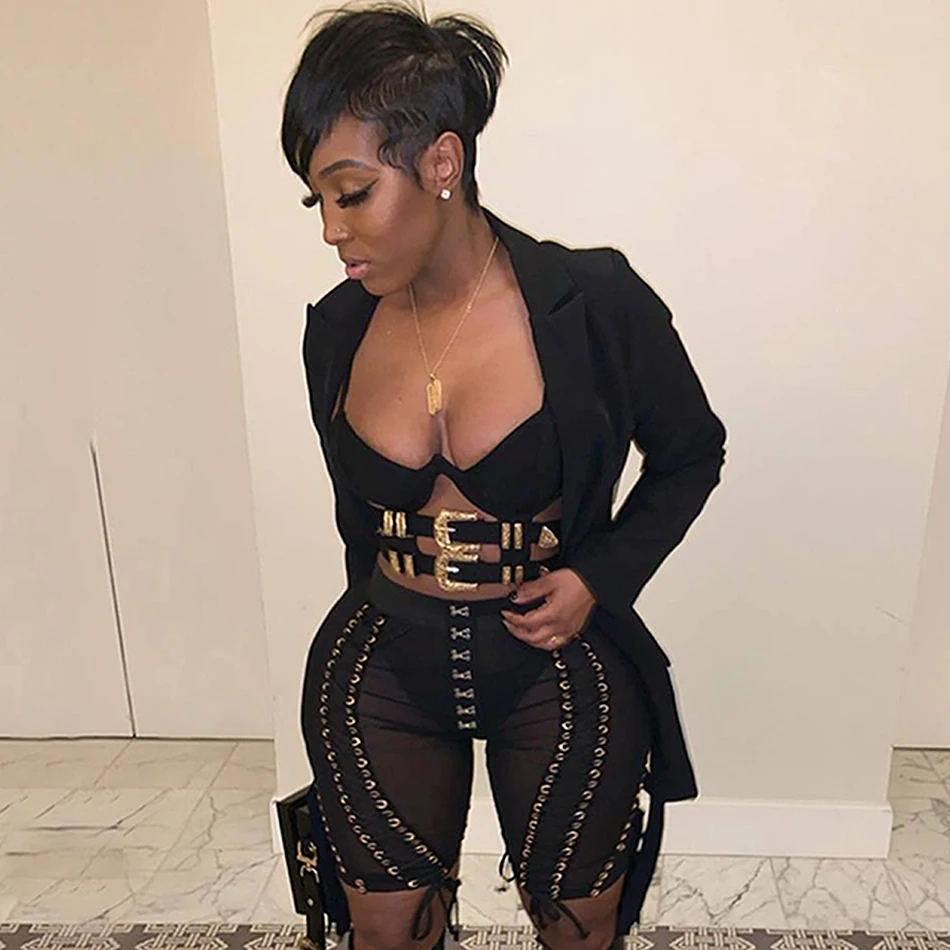 2020 New Sexy Womens Set Long Sleeve Cutout Jacket and Perspective Mesh Tassel Pants 2 Two Piece Club Celebrity Party Pants Set