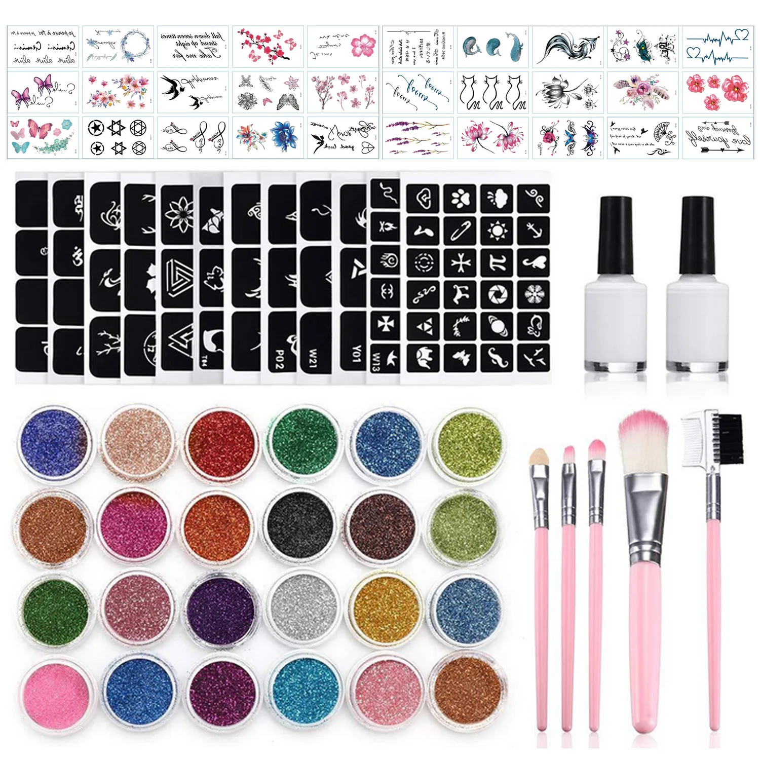 182pcs Glitter Tattoo Set 24 Colors 30 Uniquely Themed Temporary Stickers 120 Patterns Hollow Mold for Kids Teens Adult
182pcs Glitter Tattoo Set 24 Colors 30 Uniquely Themed Temporary Stickers 120 Patterns Hollow Mold for Kids Teens Adult