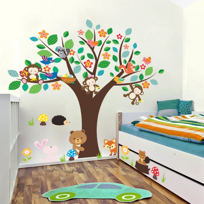 

cartoon monkey rabbit bear flower tree forest animals wall decals kids rooms decor pvc wall stickers poster diy mural art