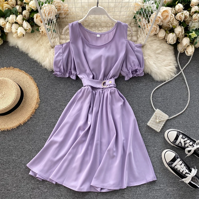 SINGRAIN Women Korean Hollow Out Dress Summer O Neck Lantern Sleeve Elegant A Line Dress Solid Sashes Vacation Beach Dress 2020