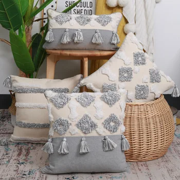 Grey hand embroidered tufted pillow 45x45cm ins B & B sofa geometric tassel pillow waist pillow case 
Grey hand embroidered tufted pillow 45x45cm ins B & B sofa geometric tassel pillow waist pillow case