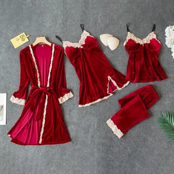 Young Lady Burgundy Velvet 4pcs Top&pants Pajamas Set Autumn Nightwear Intimate Lingerie Home Clothing Velour Lace Sleepwear
Young Lady Burgundy Velvet 4pcs Top&pants Pajamas Set Autumn Nightwear Intimate Lingerie Home Clothing Velour Lace Sleepwear