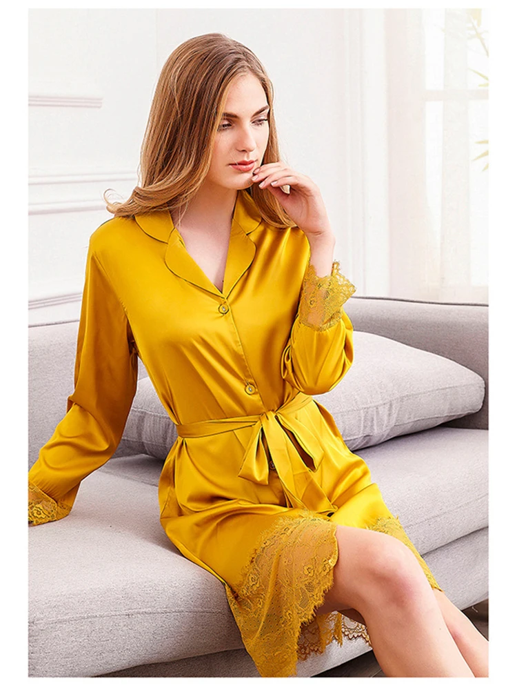 Атласная Ночная рубашка с длинным рукавом для отдыха весна-осень пижамы