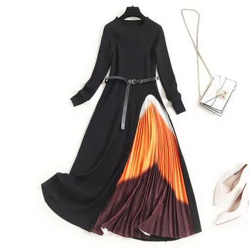 2020 New Runway Designer Women Autumn Winter Dress Long Sleeve Color Block Pleats Patchwork Mid Calf Knit Sweater Dress
2020 New Runway Designer Women Autumn Winter Dress Long Sleeve Color Block Pleats Patchwork Mid Calf Knit Sweater Dress