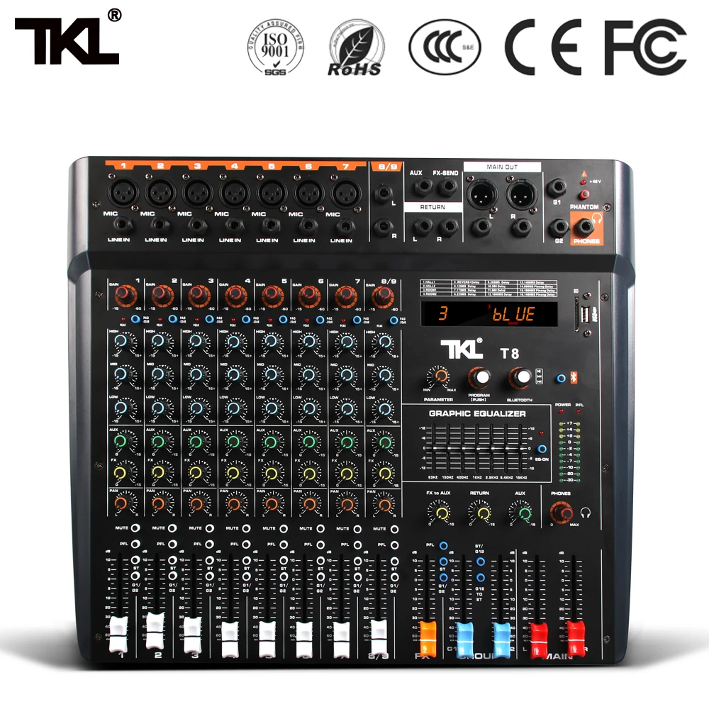 TKL 8 Channels Sound Mixing Console Bluetooth USB Record Computer Playback mp3 48V Phantom Power DJ Audio Mixer
TKL 8 Channels Sound Mixing Console Bluetooth USB Record Computer Playback mp3 48V Phantom Power DJ Audio Mixer