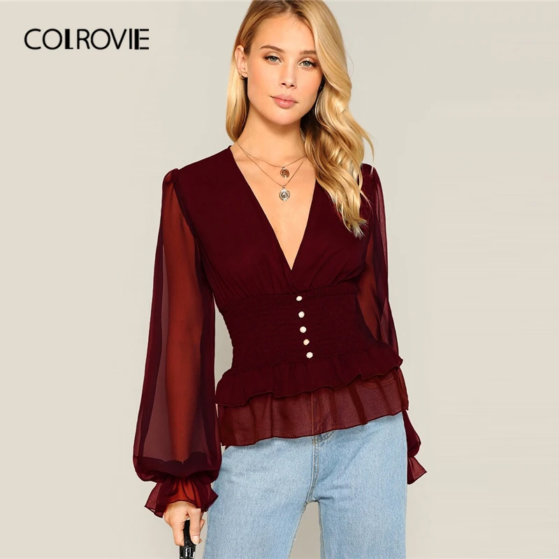 

COLROVIE Mesh Sleeve Button Detail Shirred Ruffle Top Women Deep V Neck Burgundy Blouse Shirt 2019 Office Ladies Peplum Blouses