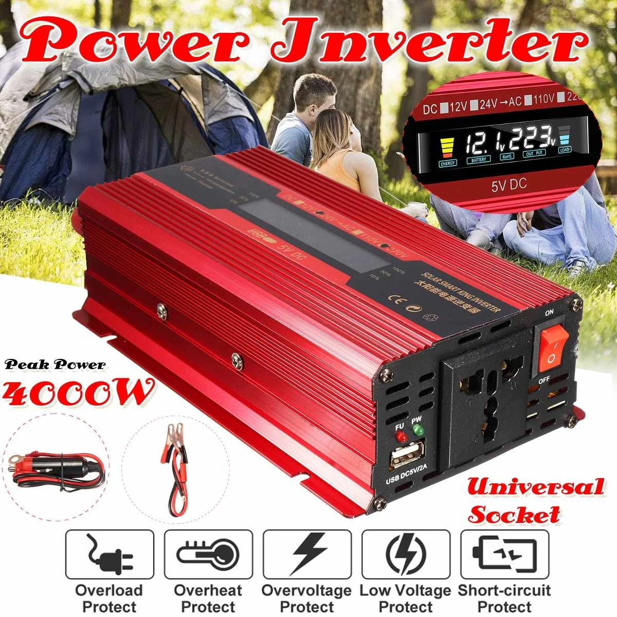 4000W LCD Solar Power Inverter DC12/24V to AC 110V/220V Converter Universal/US Plug + LED Display
4000W LCD Solar Power Inverter DC12/24V to AC 110V/220V Converter Universal/US Plug + LED Display