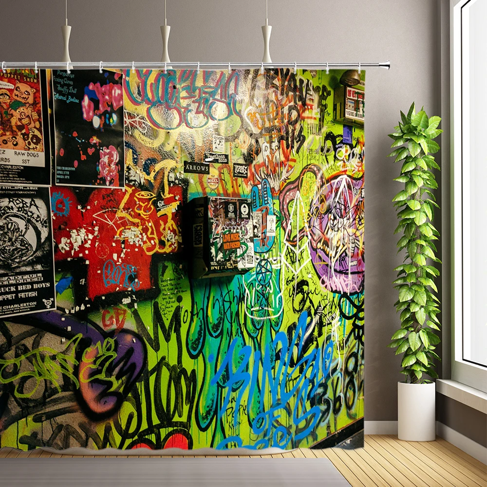 

Colorful Wall Graffiti Modern Shower Curtains Bathroom Waterproof Fabric Washable Decor Bath Curtain Bath Screens With Hooks