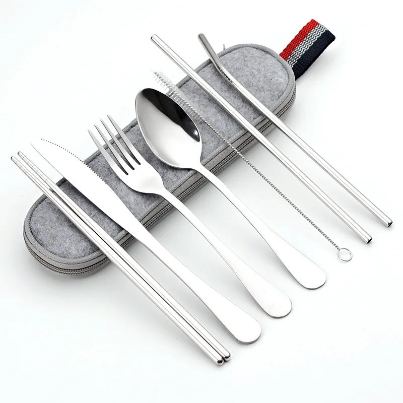 

8pcs/set Tableware Reusable Travel Cutlery Set Camp Utensils Set With Stainless Steel Spoon Fork Chopsticks Straw Portable Case