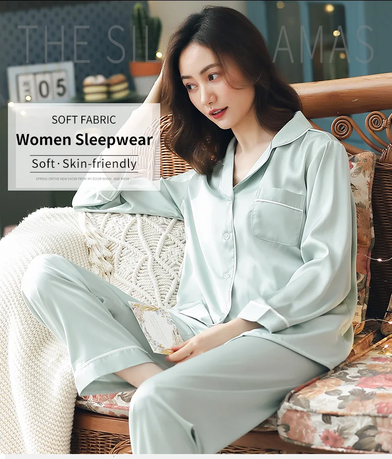 Summer Satin Pajamas Women Pyjamas PJ Set Female Long Sleeve Sleepwear Suit Ladies Night Wear Imitation Silk Pijamas For Women