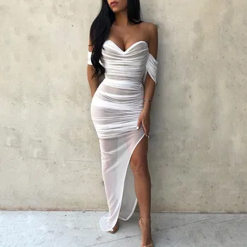 Off Shoulder Stretchy Mesh Dress Women High Split Ruched Dedign Back Zip Maxi Dress Summer 2020 Fashion Sexy Party Dresses 
Off Shoulder Stretchy Mesh Dress Women High Split Ruched Dedign Back Zip Maxi Dress Summer 2020 Fashion Sexy Party Dresses