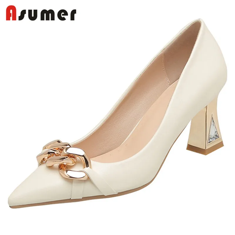 

Asumer 2022 New Arrive Pumps Women Shoes Metal Chain Pointed Toe Slip On Spring Summer High Heels Party Wedding Shoes Female