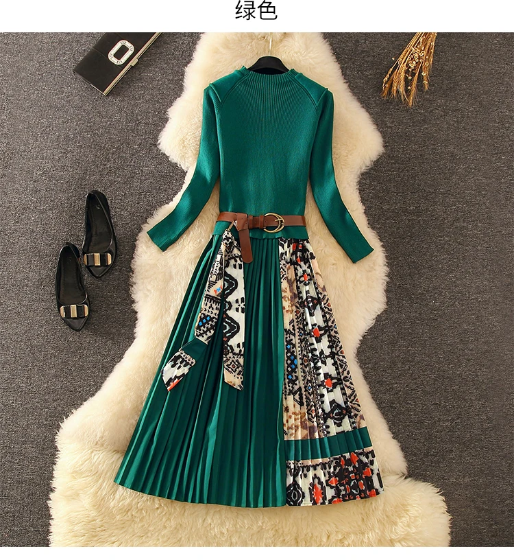 Pinterest Elegant Outfit Knitted Patchwork Pleated Ethnic Printed Midi Dress JKP4851