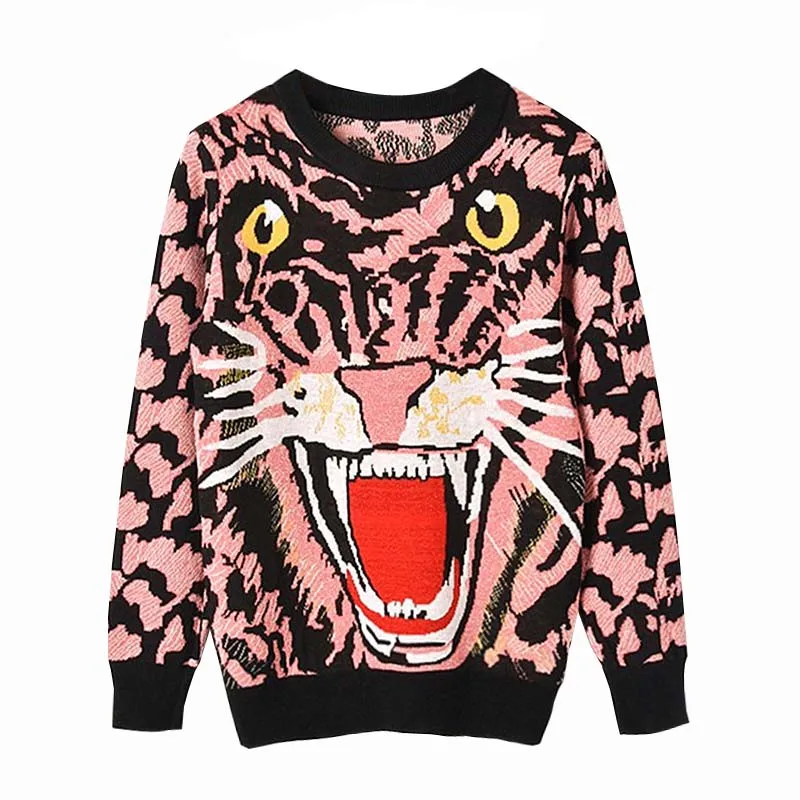 Фото Рисунок головы тигра жаккардовый вязаный свитер 2019 осень женские пуловеры с