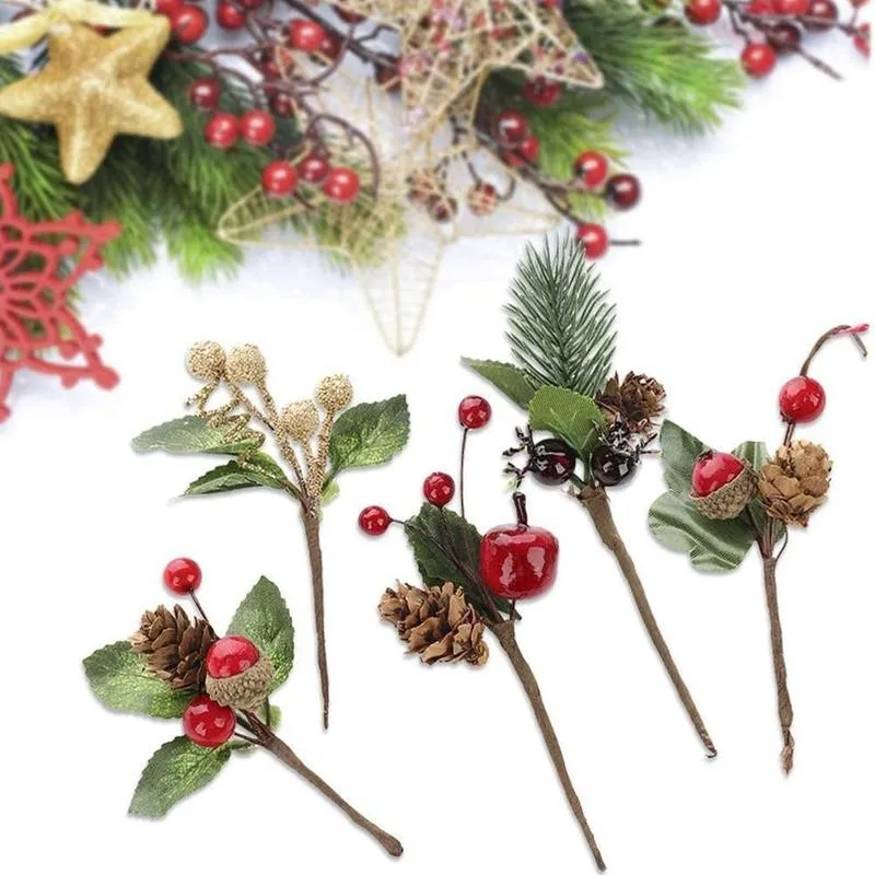 5pcs Artificial Flower Red Christmas Berry And Pine Cone Picks With Holly Branches For Holiday Floral Decor Crafts | Дом и сад