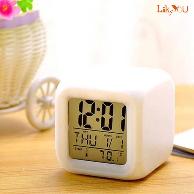 Фото Цифровые электронные светодиодные часы 7 цветов модные будильник термометр