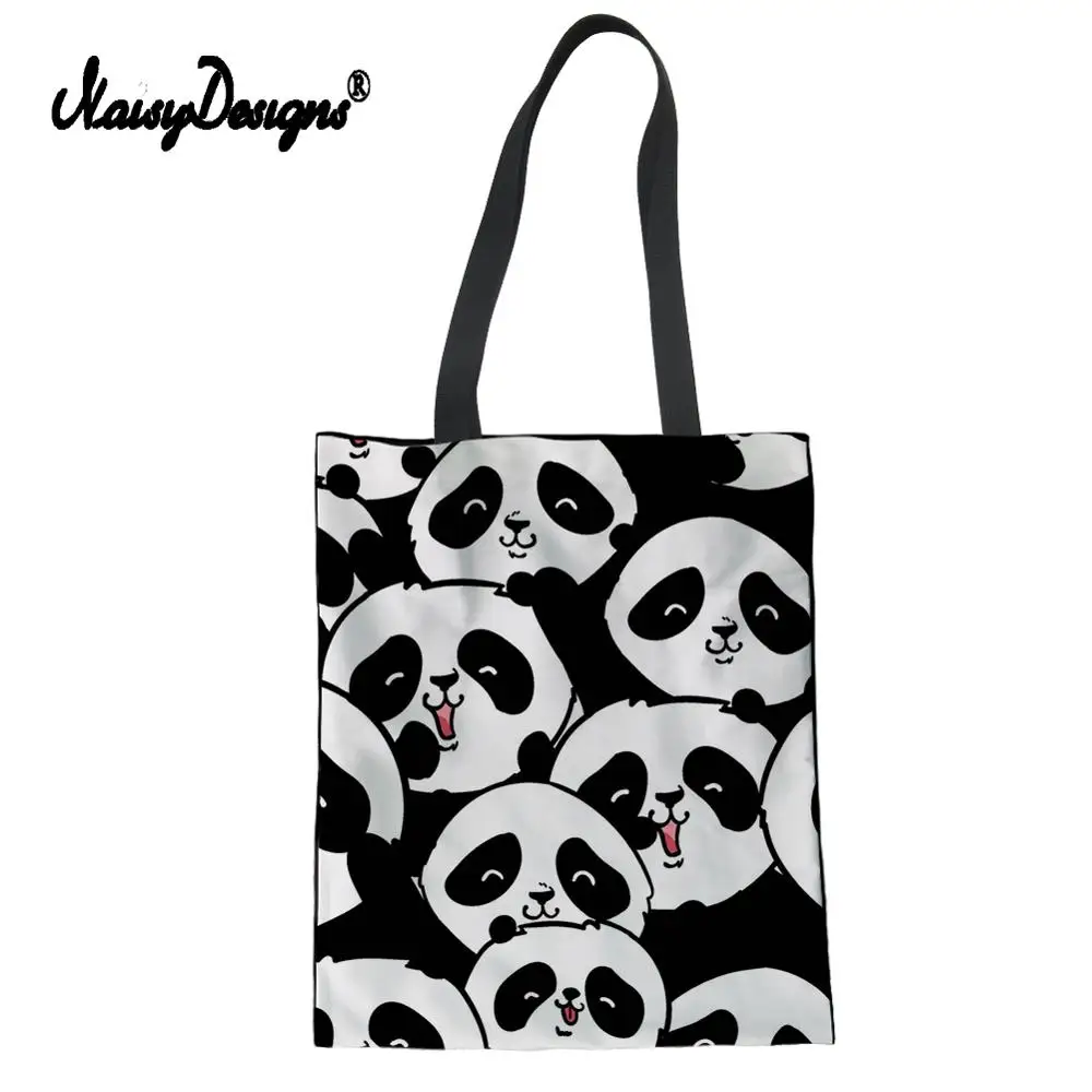 

NOISYDESIGNS Women Canvas Shopping Bags Cute Panda Print ECO Shopper Shoulder Bag Sac Main Femme College Students Foldable Bags