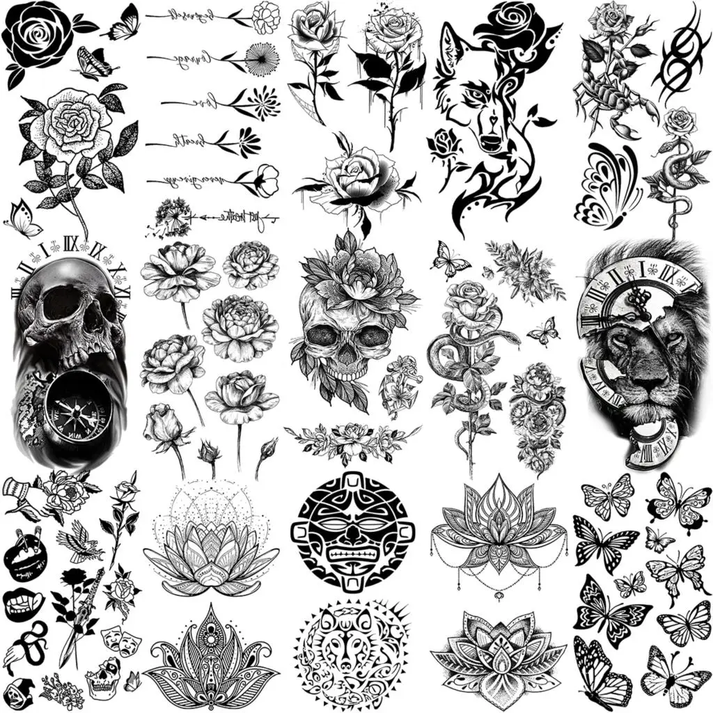 

Реалистичные временные татуировки с черепом и цветком для женщин, девочек, взрослых, мужчин, лотос, Бабочка, змея, волк, тату, Скорпион, искусственная татуировка, маленькая