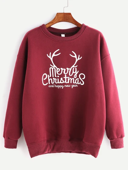 

Burgundy Christmas Print Sweatshirt reindeer antlers graphic women fashion hipster pullovers slogan pure cotton Christmas tops