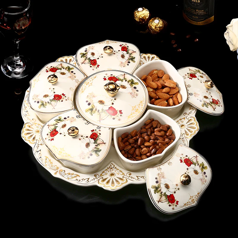 

European Luxury Dried Fruit Ceramic Plate 6-grid with Lid Trinket Dish Snack Tray Household Japanese Candy Snacks Seed Plates