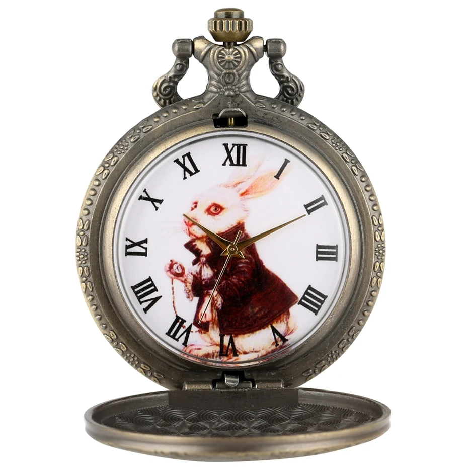 Бронзовые часы Алиса в Wonderland с милым Кроликом кварцевые карманные подвеской и