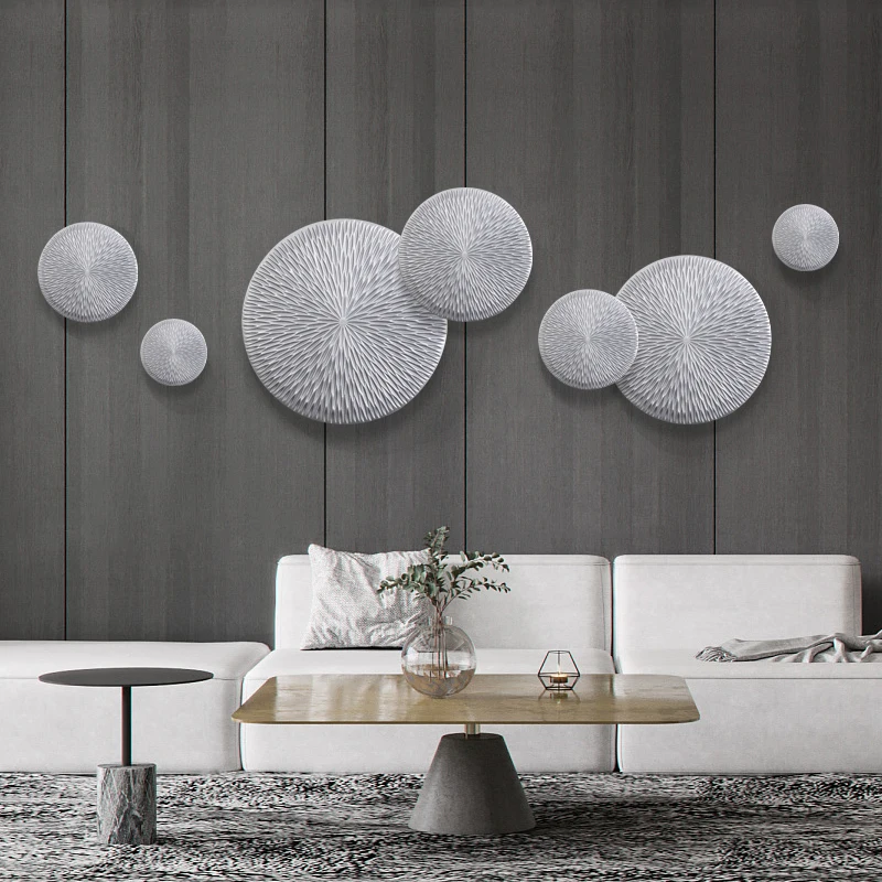 

Modern Luxury Silver Wooden Round Shape Wall Mural Hotel Lobby Wall Hanging Crafts Home Livingroom Background Wall Sticker Decor