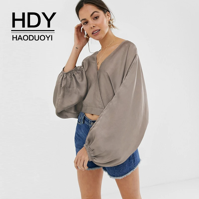 

HDY Haoduoyi Women Casual Sexy Long Batwing Sleeve Deep V-neck Solid Summer Super Comfy Dailywear Short Pullover Shirt